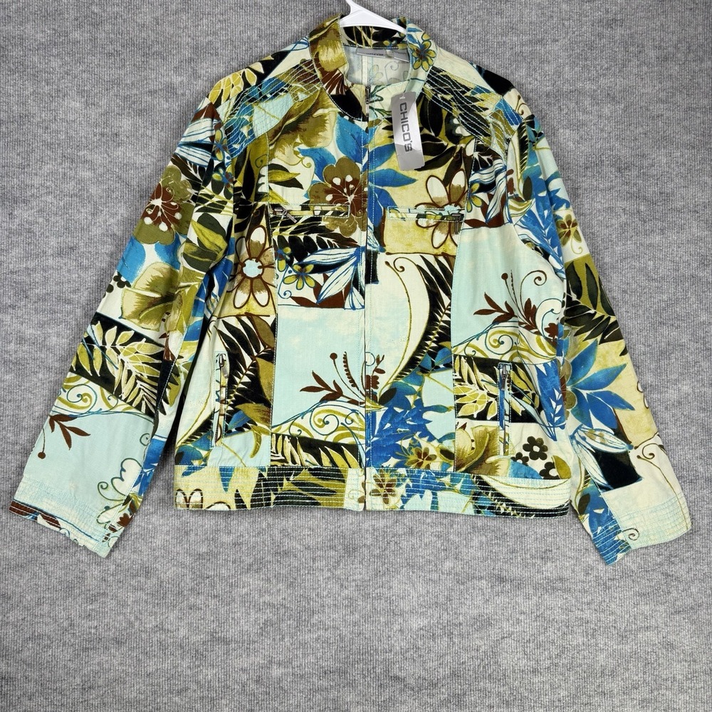 Y2K Chico's Size-3 Womens Jacket Full Zip Boho Floral Blue Green Cotton Vintage
